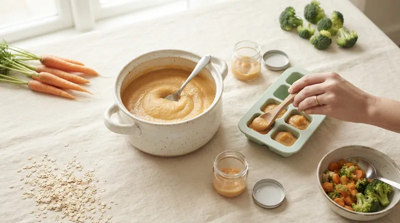 Vorgekochter Babybrei in Portionsbehältern zum Einfrieren – Meal Prep für die vegane Beikost