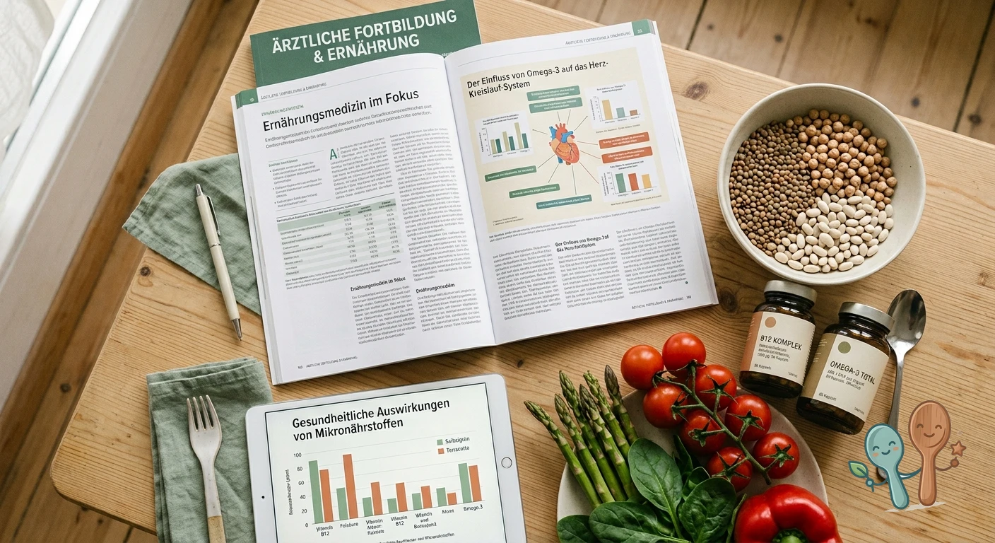 Ärztliches Fachpapier zur veganen Kinderernährung neben frischem Gemüse, Hülsenfrüchten und einem B12-Präparat auf cremefarbenem Tisch