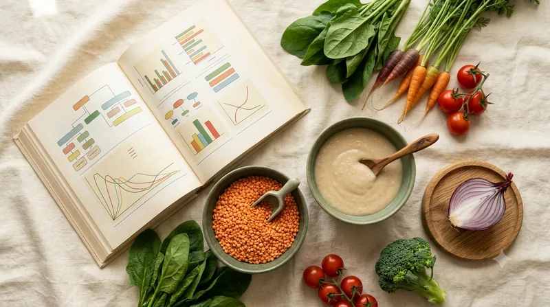 Aufgeschlagenes Buch mit Studien, dazu frisches Gemüse, Hülsenfrüchte und ein Baby-Breischälchen auf cremefarbenem Tisch