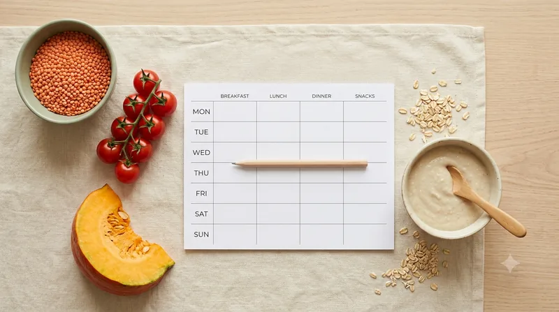 Ausgedruckter veganer Wochenplan mit frischem Gemüse, Hülsenfrüchten und einem Baby-Schälchen auf einem cremefarbenen Tisch